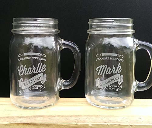 One Retro Personalized Mason Jars Drinking Mugs With Handle Engraved Custom Etched With Name And Date For Wedding, Engagement Anniversary Bridal Party Gift Favor Groomsmen Bridesmaids Gifts Gift Idea #TOP1