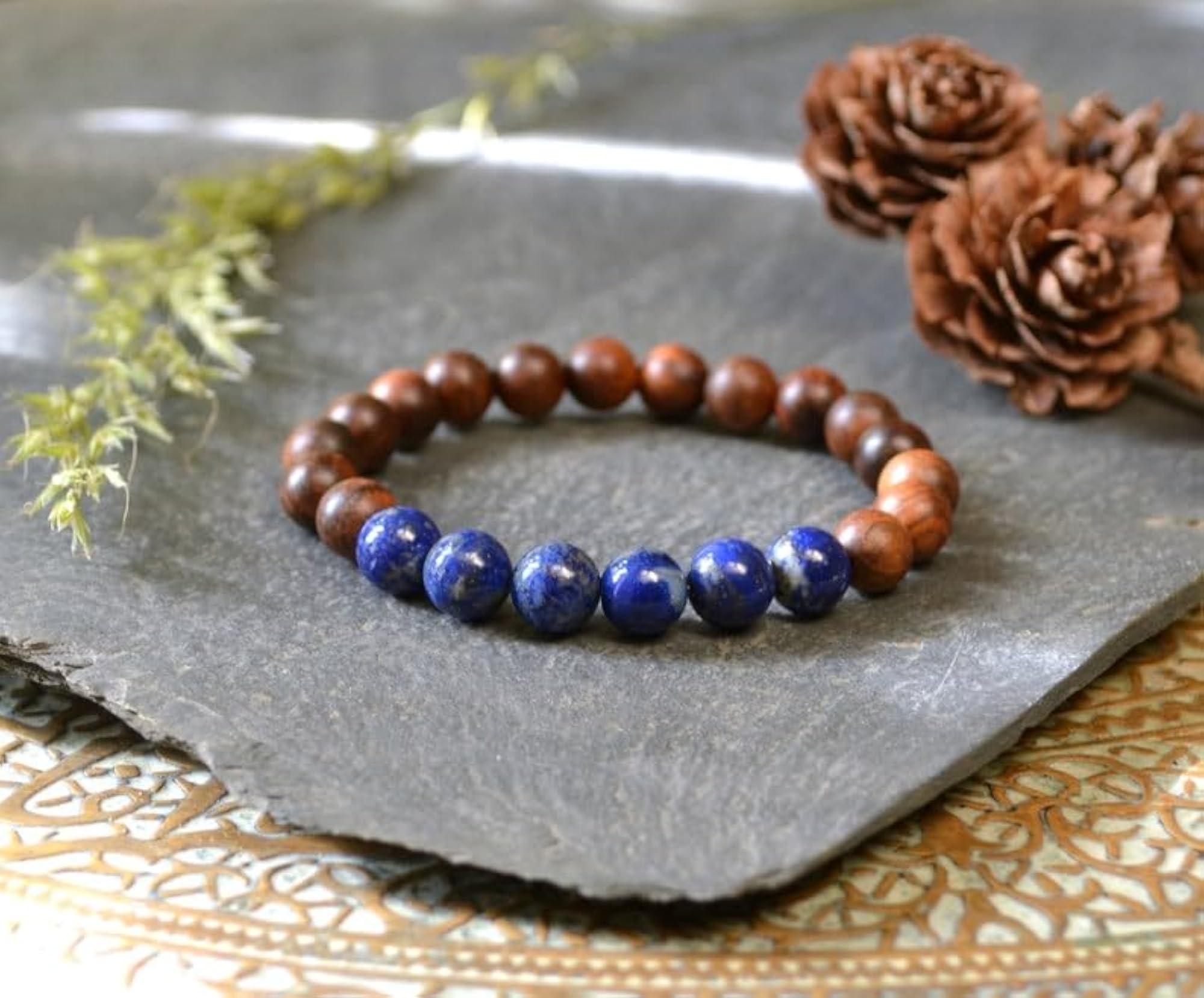 Natural Lapis Lazuli & Sandalwood 8mm Stretchable Bracelet, Unisex