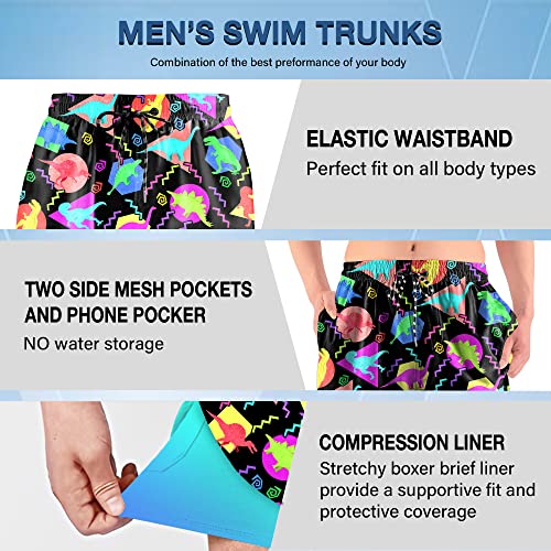 Bonlor Mens Swim Trunks With Compression Liner Dinosaur Quick Dry Board Shorts Bathing Suit Lightweight Swimming Shorts With Pockets #TOP2