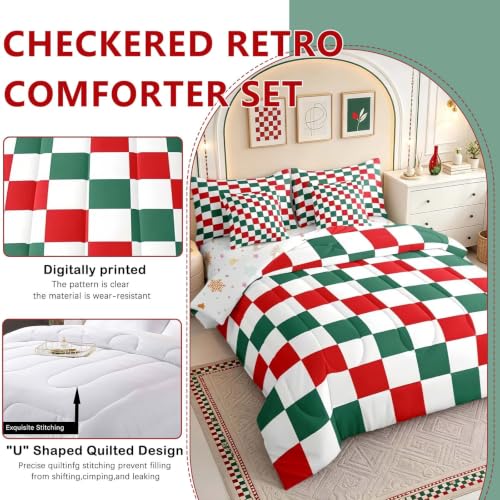Image of Feelyou Checkered Christmas Comforter Set with Sheets 7 Piece Twin Size Red Green Plaid Bedding Set for Kids Boys Girls Geometric Vintage Bed in a Bag Modern Simple Groovy Aesthetic Room Decor Soft