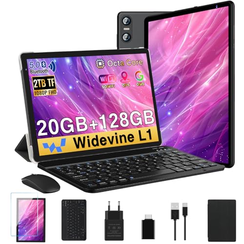SEBBE 2026 último Tablet 10 Pulgadas Android, 20GB RAM + 128GB ROM (TF 2TB), Octa-Core, Widevine L1, GMS, WiFi6, 5+8 MP,1280 * 800 Pixels, Bluetooth 5.0, Tablet con Teclado y Raton Negro