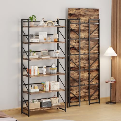 Image of JSB 6 Tier No Assembly Folding Bookshelf, 30.7 inch Wide Foldable Storage Bookcase for Home Office, Space-Saving Storage Shelf for Living Room (Fire Brown)