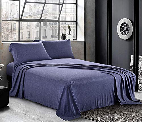 Image of YRM Bedding's Premium Collection Egyptian Cotton 600-TC 4-Piece Bedsheet Set {1-Bedsheet (102x108) + 1-Fitted (78x80) + 2-Pillow(18x28)}, Extra King Size, Medium Blue Solid
