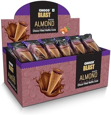 Pure Temptation Chocoblast Choco-Filled Waffle Cones [20 Pc] Snacks for Kids & Adults- Non-Meltable Gift Pack - Individually Wrapped Chocolate Cone Bites- Roasted Almond