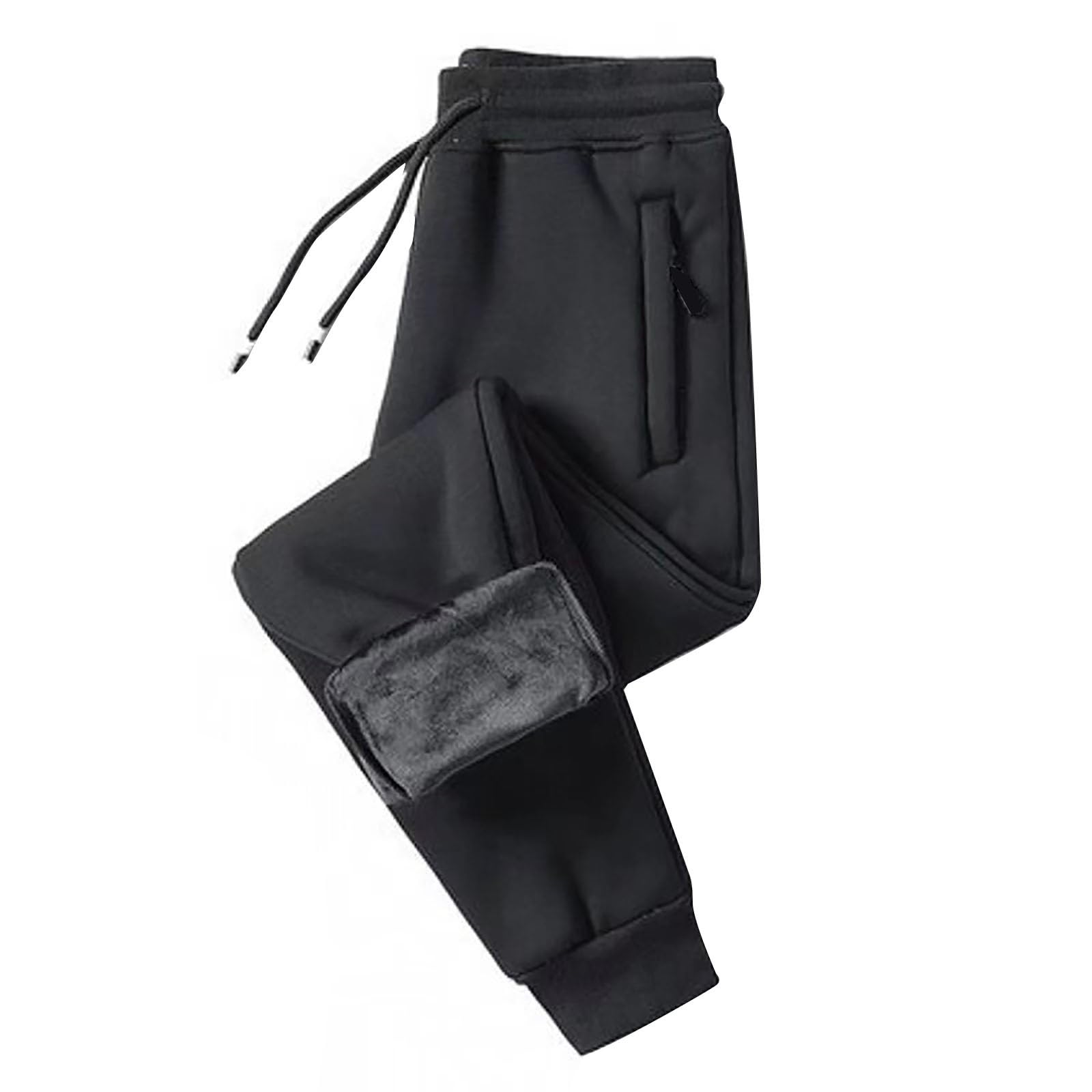 Mens Joggers Bottoms Casual Fleece Sweatpants Stretch Winter Warm Plush Thick Sports Gym Workout Trousers with Zipper Pockets, Black, XL