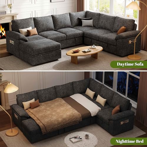 Image of 108 Inch Sectional Sleeper Sofa with Pull Out Bed, U Shaped 7 Seat Modular Sectional Sofa with Storage, Sectional Couches for Living Room, Cloud Modular Couch,Removable Sofa Cover, Dark Grey