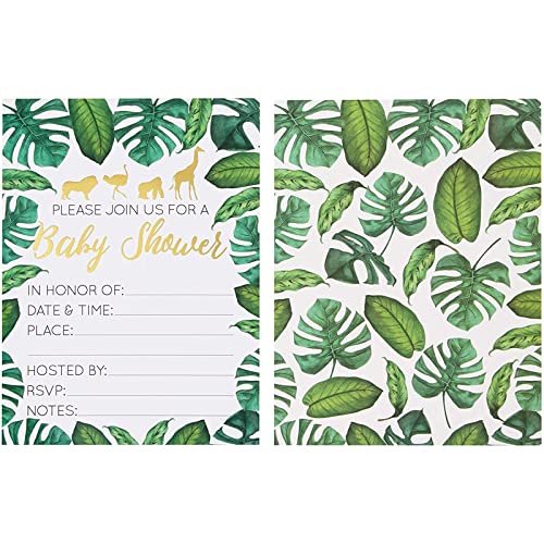 Baby Shower Invites - 36 Fill-In Baby Shower Invitations W/ Envelopes, Tropical Safari Animal Theme, Green Palm Leaves With Gold Foil Designs, Party Supplies For Baby Showers Or Parties, 5 X 7 Inches #TOP4