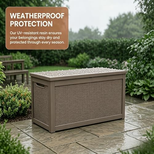 Image of 318 Gallon Large Resin Deck Box - Waterproof Outdoor Storage Chest for Patio Cushions, Garden Tools & Pool Supplies, UV-Resistant All-Weather Construction, Lockable Lid & Hydraulic Rods, Easy Assembly