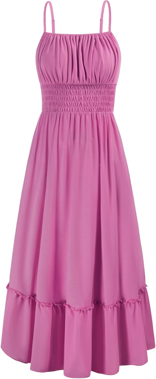 GRACE KARIN Womens 2025 Summer Dress Casual Sleeveless Spaghetti Strap Smocked Ruffle Beach Long Maxi Dress with Pockets