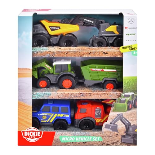 Dickie Toys - 5er-Set Micro Spielzeugautos (je ca. 8 cm) - 5 Autos (Polizei, Feuerwehr, Bagger, Traktor mit Anhänger und Muldenkipper) mit Freilauf und beweglichen Teilen für Kinder ab 3 Jahre