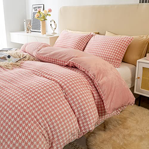 Bedlifes Samt-Bettbezug, Queen-Size-Bettbezug-Set, ultraweich, mit 4 Eckbändern, Reißverschluss, Flanell-Bettbezug mit 2 Kissenbezügen, Babyrosa Cover
