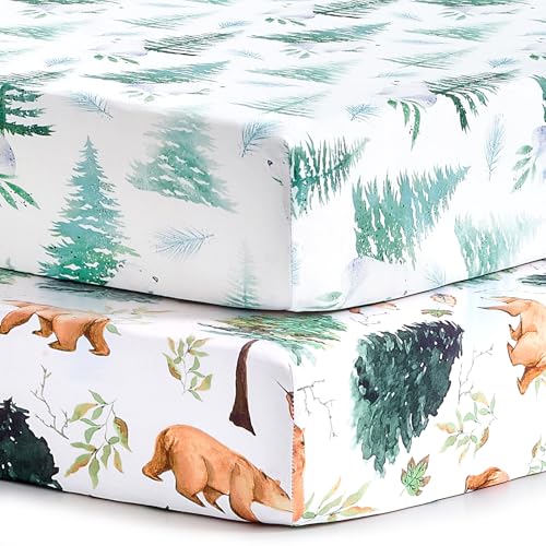 Pack n Play Sheets, BROLEX 2 Pack Mini Crib Sheets,Stretchy Portable Fitted Playard Sheet Set, Convertible Playard Mattress Cover,Ultra Soft Breathable Material,Brown & Polar Bears