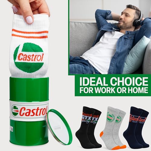 Image of Get Trend Castrol Socks for Men, Teens, 5 Pairs of Soft, Breathable, Crew Socks in Collectible Tin, Gift Set for Motorsport Fans, Gifts for Men