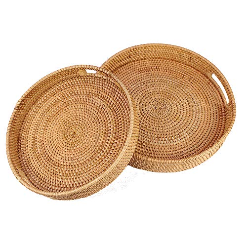 Rattan Basket Round Coffee Table Tray Hand Woven Serving Trays for Ottomans Decorative Trays for Coffee Table Gift Baskets Restaurant Bread Fruit Vegetables Food Serving Display Basket, 13.6" x 2.4" - Image 6
