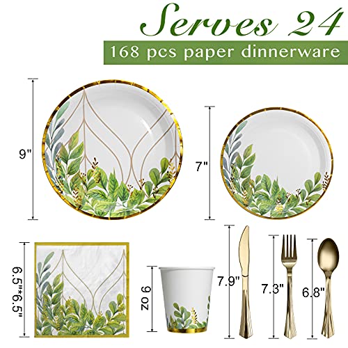 Homix Greenery Party Plates Napkins Cups Sets With Plastic Cutley Sets Serves 24 For Baby Shower, Bridal Shower, Birthdays, Boho, Jungle Safari Party Supplies And Decorations #TOP2