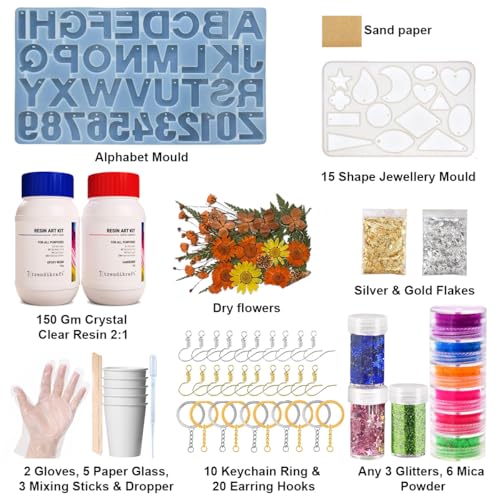Image of 107pcs DIY Alphabet Keychain Earring Pendant & 4 inch Coaster Making Epoxy Resin Art Materials Kit with Silicone Moulds, Glitters, Colors, Dry Flowers and More for Beginners