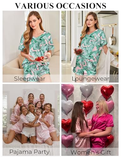 Image of Silk Pajamas for Women Short Sleeve Satin 2 Piece Pj Set Soft V Neck Sleepwear Loungewear, S-XXL