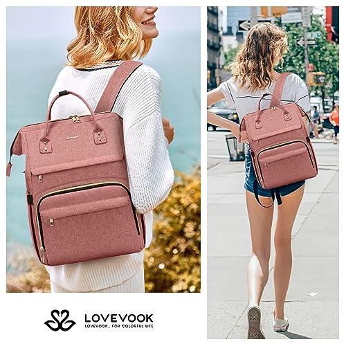 Image of LOVEVOOK Laptop Backpack for Women,17 Inch Professional Womens Travel Backpack Purse Computer Laptop Bag Nurse Teacher Backpack,Waterproof College Work Bags Carry on Back Pack with USB Port,Light-pink