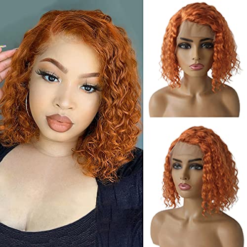 Orange Ginger Curly Lace Front Wig Human Hair Side Part Short Colored Bob Wigs Brazilian Virgin Human Hair for Women 12 Inch Short Water Wave Frontal Wig Pre Plucked with Baby Hair