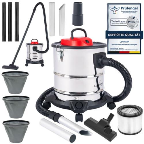 LEHMANN Aspiradora Industrial 2000W, Aspirador de Cenizas con Depósito de 20 litros de Acero Inoxidable, Filtro HEPA, Sistema de Filtración Doble, Función Soplador, Alcance de hasta 6 m, Plateado