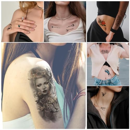 Image of MAYCREATE Temporary Tattoo for Men Women 34 Sheets Large Arm Band Tattoo Sticker, 3D Realistic Armband Tattoo, Body Half Sleeve Hand Tattoo for Women, Assorted Lion Wolf Tiger Skull Fake Tattoos