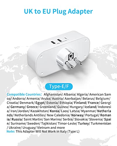 UK to European Plug Adapter, VINTAR 2 Way Grounded Schuko Europe Travel Adapter with 2 USB A 1 USB C Ports - Image 3