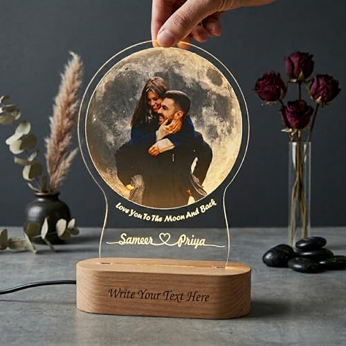 Image of Moon LED Photo Lamp with Wooden Base | Custom Couple Picture Night Light with Name Engraving | Romantic Gift for Anniversary, Wedding, Valentine, Birthday Brother Sister
