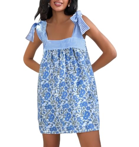 Juakoso Women Boho Floral Short Dress Tie Shoulder Sleeveless Dress Babydoll Mini Dresses Summer Holiday Sundress