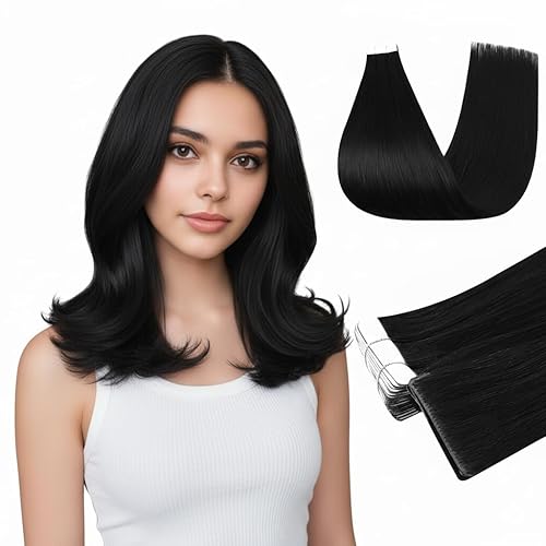 Full Shine Extensiones de cabello Remy con cinta adhesiva de 14 pulgadas, color 1 negro, extensiones de cabello humano brasileño inyectado