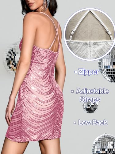 Image of Kaei&Shi Sequin Mini Dress,V Neck Spaghetti Strap Sparkly Prom Dresses for Women,Sexy Birthday Outfit HOCO Cocktail Nye Party