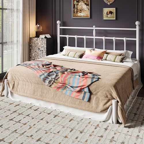 Image of SHA CERLIN King Size Metal Platform Bed Frame with Victorian Vintage Headboard /Under Bed Storage /No Box Spring Needed /Easy Assembly /Noise Free /Mattress Foundation /White