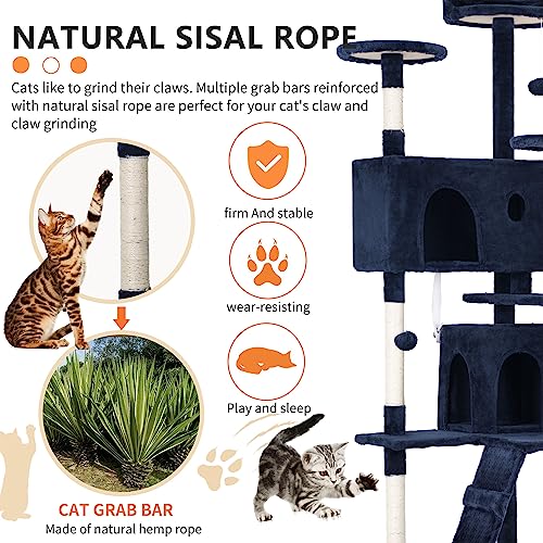 Image of BestPet | 70 inch Cat Tree Tower | Navy Blue | Sturdy Multi-Level Cat Tree