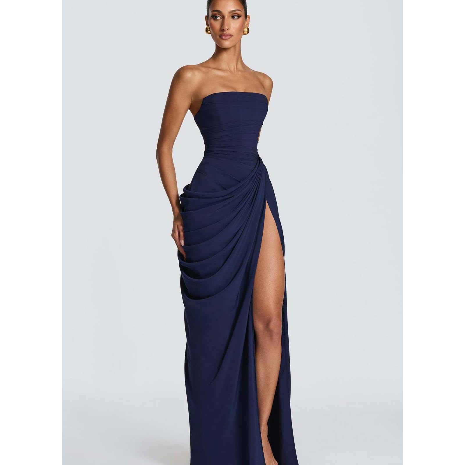 Vestido elegante con volantes y abertura para mujer, de poliéster, elástico, para fiestas, sin mangas, vestido formal sin tirantes