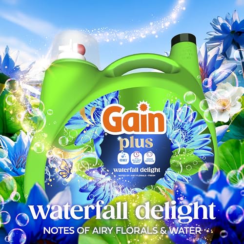 Image of Gain Plus Liquid Laundry Detergent, Cleaner, Fresher, Now with Oxi, Waterfall Delight Scent, 99 fl oz, 75 Loads