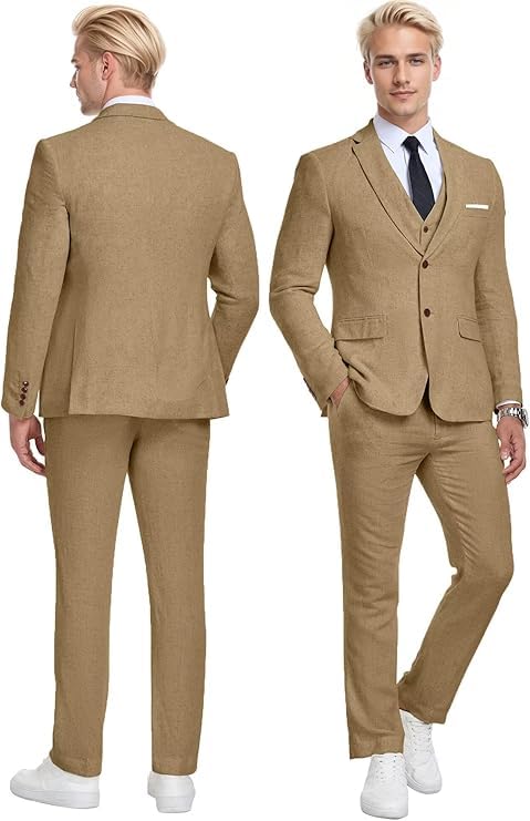 Retro Linen Mens Suits Beach Wedding Suit Summer Slim Fit 3 Pieces Light Weight Linen Jacket Vest Pant Tuxedo2