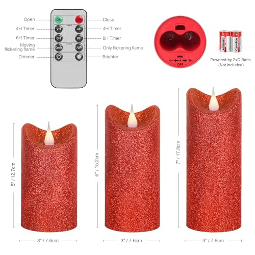 Image of Pack of 3 Red Glitter Candle 3D Moving Flame LED Candles,10-Key Remote, Battery Powered Flameless Candle with Timer, Home Decor Bedroom, Hallway, Wedding Events