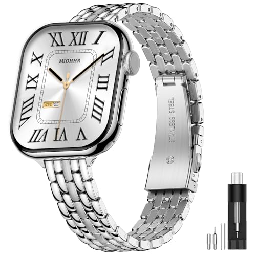 Image of Slim Metal Bands for Apple Watch 49 /46 /45 /44 /42mm(Series 3 /2 /1) | Thin Shiny Stainless Steel Strap Bands for Women, Fit iWatch Series 11 10 9 8 7 6 5 4 3 2 1 SE3 SE2 SE, Ultra 3 /2 /1, Silver