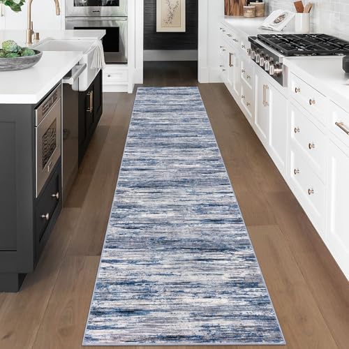 2.6x18 Navy Blue Gray Neutral Multi Modern Abstract Runner Rug for Hallways, Super Soft Hallway Decor Kitchen Rugs with Non-Slip, Non-Shedding Washable Rug for Entryway Bedroom Indoor