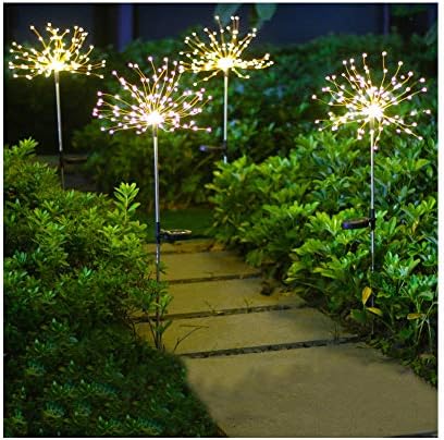 MOFAIRHOME 90LED Outdoor Solar Garden Lights, Waterproof 2 Flash Modes 50 Copper Wire String, Firework Stake Starburst Fairy Light, DIY Flowers Trees for Walkway Patio Lawn Backyard Christmas (Yellow)