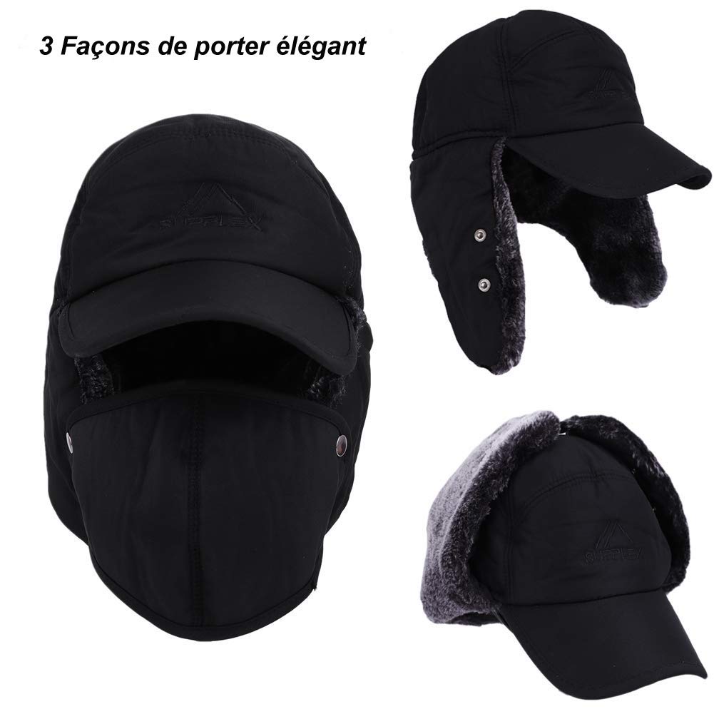 Chapka Homme Femme Chapeau de Trappeur 3 en 1 Doublure Fourrure Thermique avec Oreillette Masque Facial Cache-Cou Anti-Vent/Froid Casquette de Baseball Hiver Chaud pour Cyclisme Moto Ski Snowboard