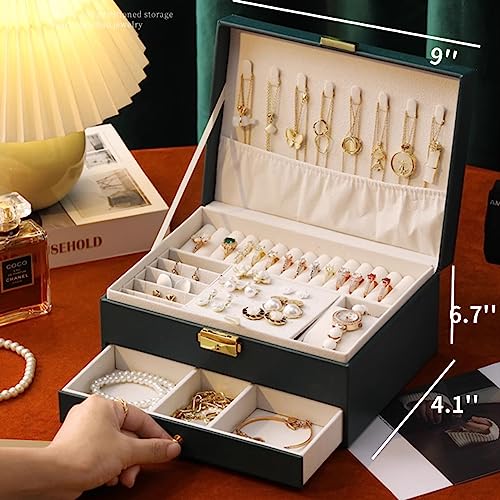 Guoer Jewelry Box For Women Girl Wife - Large Pu Leather Jewelry Organizer Storage Case With Two Layers Display For Earrings Bracelets Rings Watches (Black) #TOP1