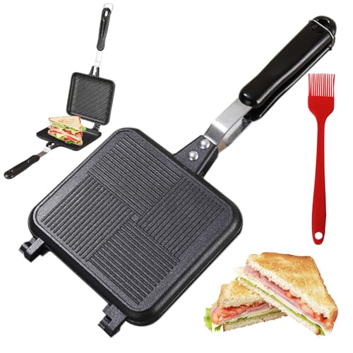 GOEDCH Sartén de aluminio de doble cara: Hot Sandwich Maker Pan, tostadora con mango resistente al calor, revestimiento antiadherente Sandwich Panini Maker para el hogar, la cocina no apta para cocina
