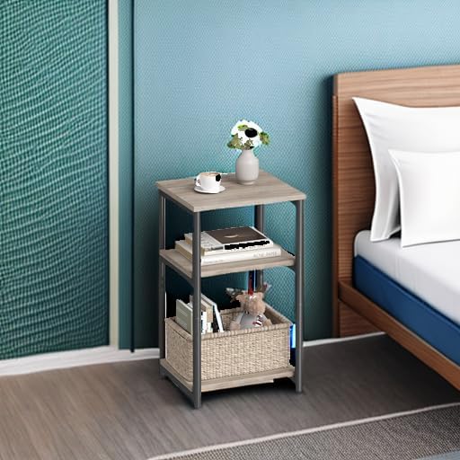 Greige and Black Metal Frame Rectangular End Table with Storage