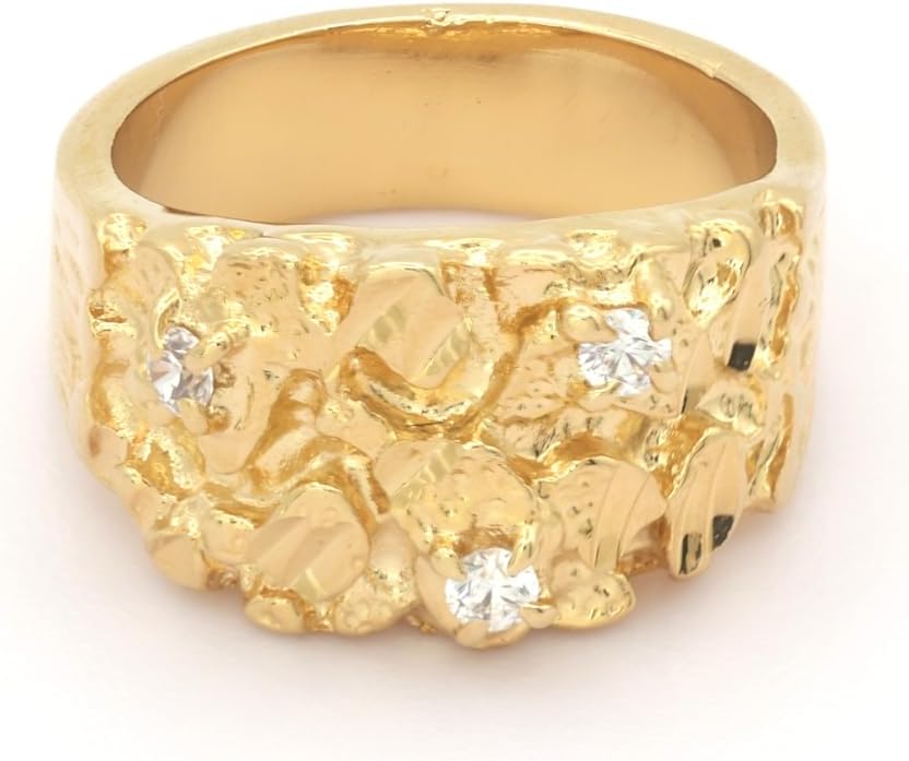 14K Gold Plated Nugget Ring with Cubic Zirconia, 6mm Band Width, Mens Jewelry Size 7-15