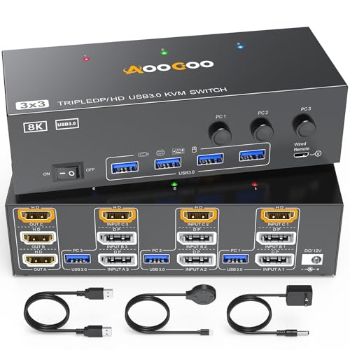 8K HDMI DP KVM Switch 3 Monitors 3 Computers, 8K@60Hz/4K@144Hz KVM Switch for 3 Computers Sharing 3 Monitors, Keyboard, Mouse,with 3 USB Cables,Controller and Power Adapter