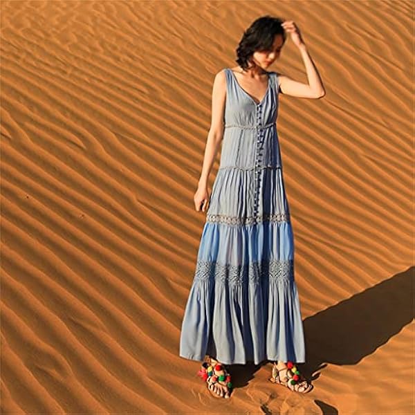 MJWDP Sommarklänning Retro Damklänning Annan Collage Beach Holiday Medium Långärmad kjol Lång kjol (Color : Blue,White, Size : Small)