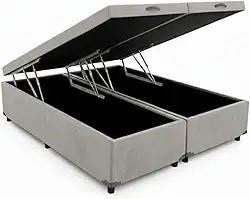 Cama Box Baú Queen Bipartido 79, Blindado, Pistão á Gás, Pés de Madeira (Corino, Cinza)