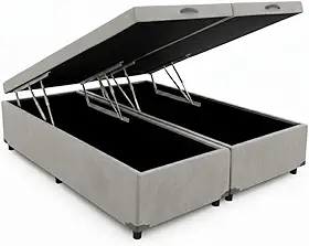 Cama Box Baú Queen Bipartido 79, Blindado, Pistão á Gás, Pés de Madeira (Corino, Cinza)