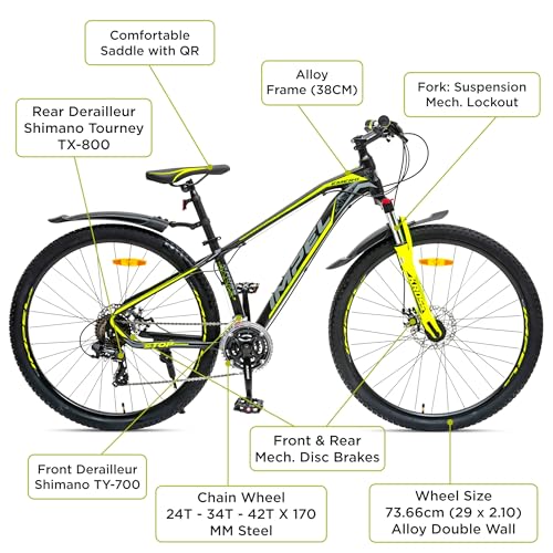 Image of KROSS Emerg 29T Unisex Matt Black Multispeed (Shimano 24-Speed) MTB | Alloy Frame with Dual Disc Brakes and Front Suspension Fork | Ideal for 15+ Years (Yellow)