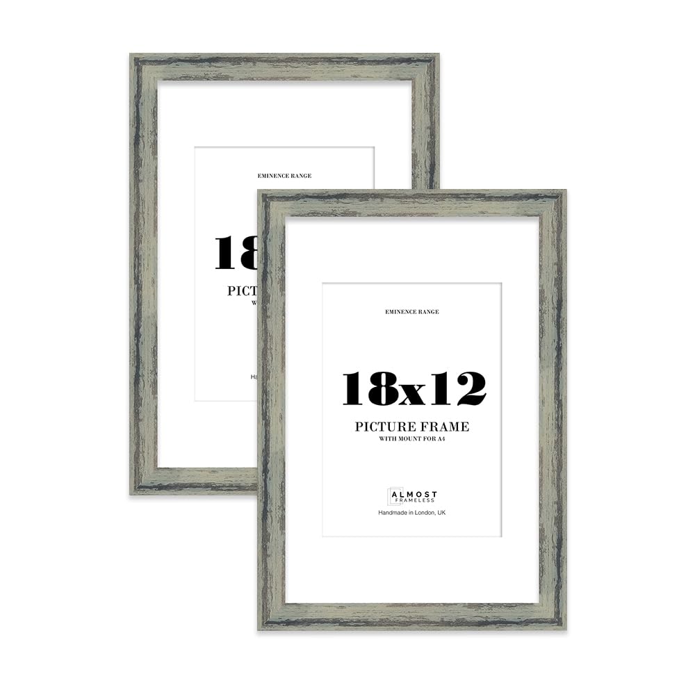 18x12" Distressed Green Picture Frame with A4 Mount - Aged Photo Frame with Distressed Finish, Wall Hooks, 32mm Edge - 2 Pack